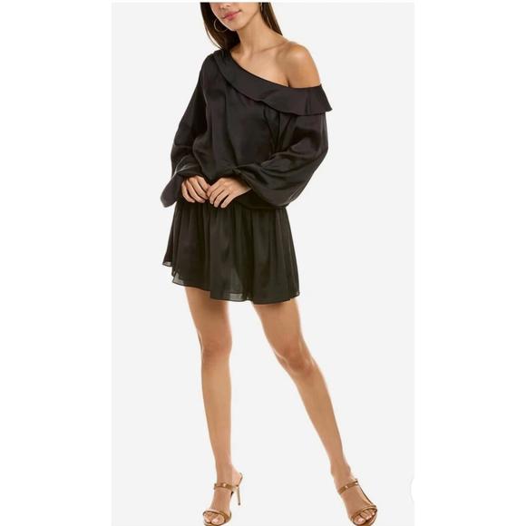 NEW RAMY BROOK timothy satin off shoulder blouson mini dress in black